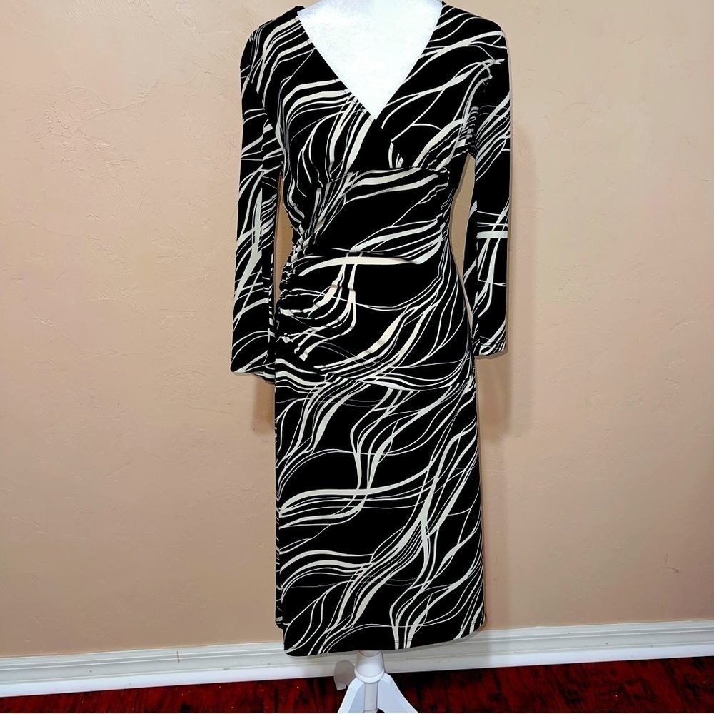Vintage 1990s Teeze Me USA Stretchy Midi Dress V-Neck Fitted Long-sleeve Dress